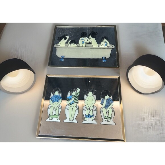 Vintage Mirror Retro Mod Kids Bathroom Art 8” X 10" Bath Time & Potty Set Of 2 - Picture 1 of 13
